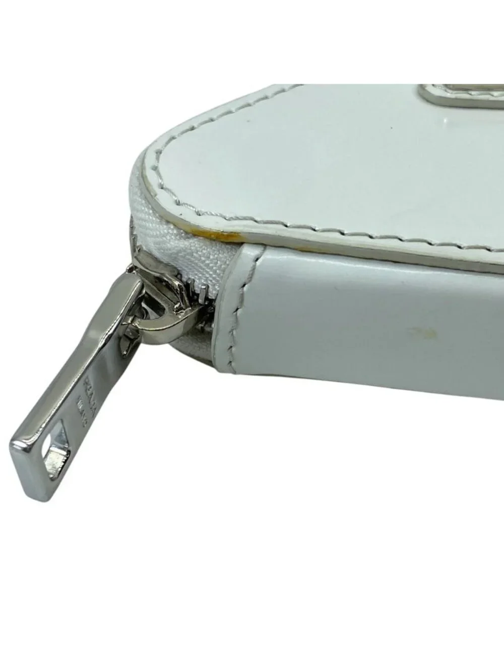 Prada Pouch Coin Purse Triangle Logo Leather White Silver Practical Daily
